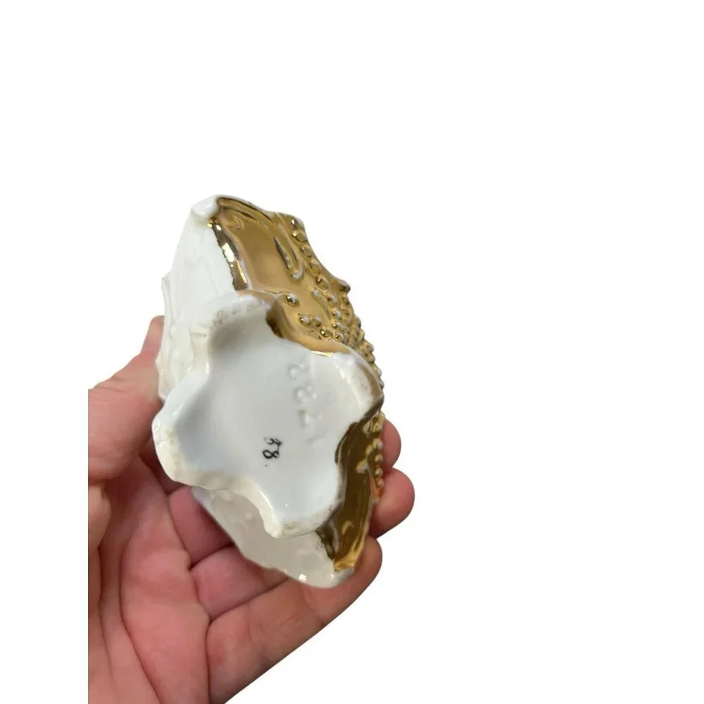 Antique Porcelain Basket Trinket Dish Jewelry Ring Holder Tray White & Gold